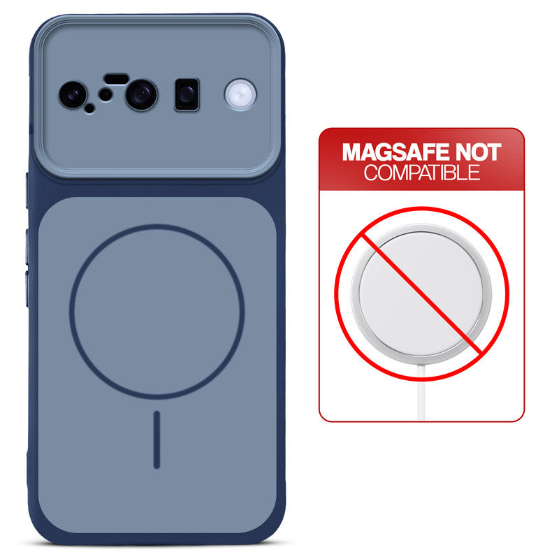 Dual tone silicone Blue phone cover for Google Pixel 10 5G showing wireless charging not supported notice