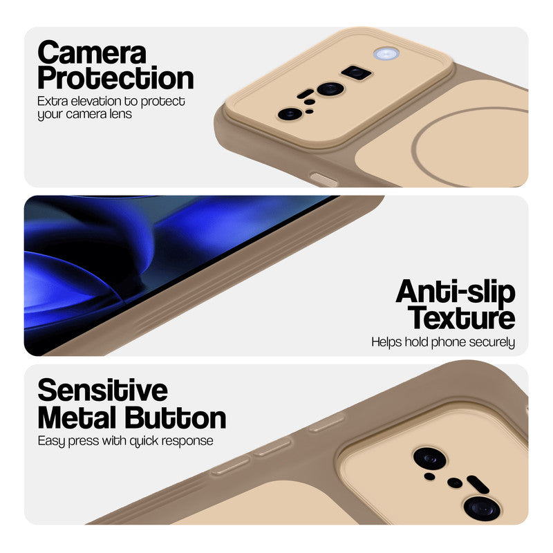 Brown Phone case for Google Pixel 10 5G highlighting raised camera protection, anti-slip texture, and responsive side buttons