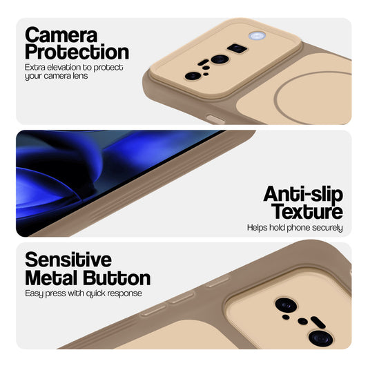 Brown Phone case for Google Pixel 10 5G highlighting raised camera protection, anti-slip texture, and responsive side buttons
