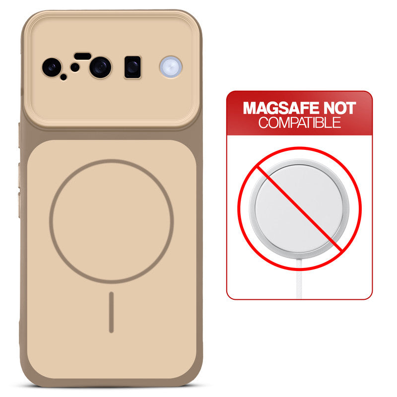 Dual tone silicone Brown phone cover for Google Pixel 10 5G showing wireless charging not supported notice