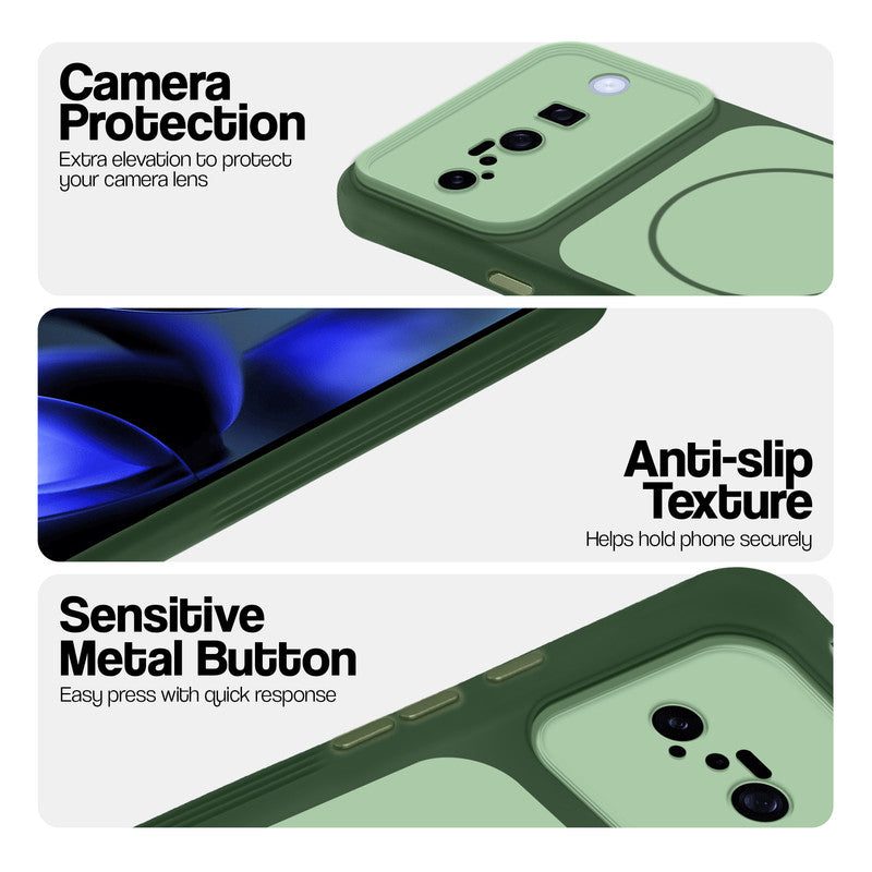 Green Phone case for Google Pixel 10 5G highlighting raised camera protection, anti-slip texture, and responsive side buttons