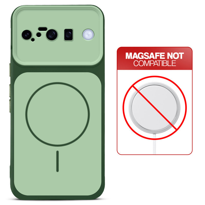 Dual tone silicone Green phone cover for Google Pixel 10 5G showing wireless charging not supported notice