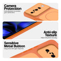 Orange Phone case for Google Pixel 10 5G highlighting raised camera protection, anti-slip texture, and responsive side buttons