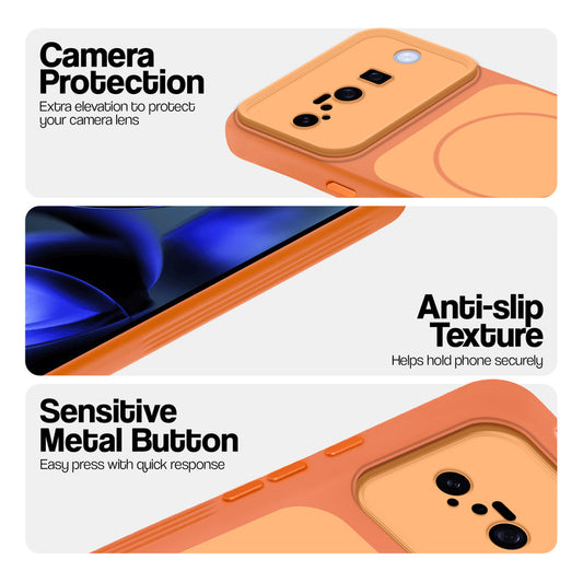 Orange Phone case for Google Pixel 10 5G highlighting raised camera protection, anti-slip texture, and responsive side buttons