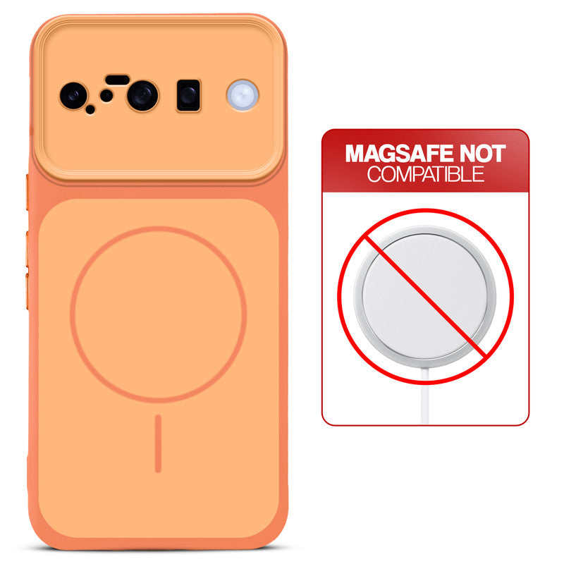 Dual tone silicone Orange phone cover for Google Pixel 10 5G showing wireless charging not supported notice