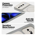 White Phone case for Google Pixel 10 5G highlighting raised camera protection, anti-slip texture, and responsive side buttons