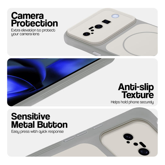White Phone case for Google Pixel 10 5G highlighting raised camera protection, anti-slip texture, and responsive side buttons