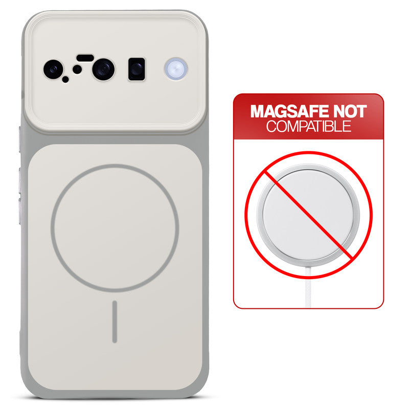 Dual tone silicone White phone cover for Google Pixel 10 5G showing wireless charging not supported notice