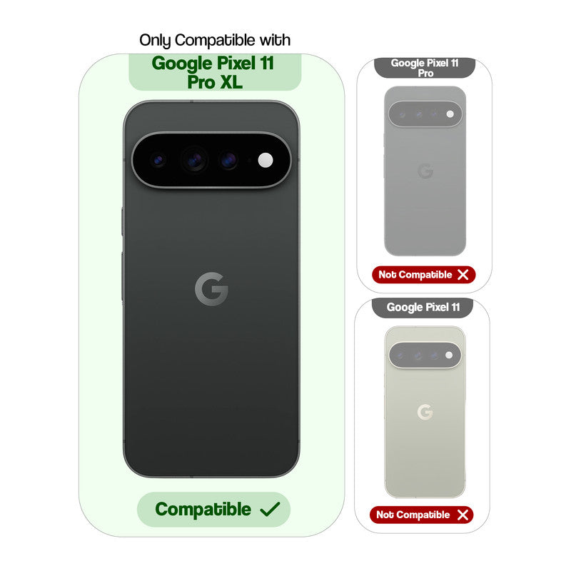 Clear hard back case compatibility guide showing fit for Google Pixel 11 Pro XL 5G and not compatible with other models