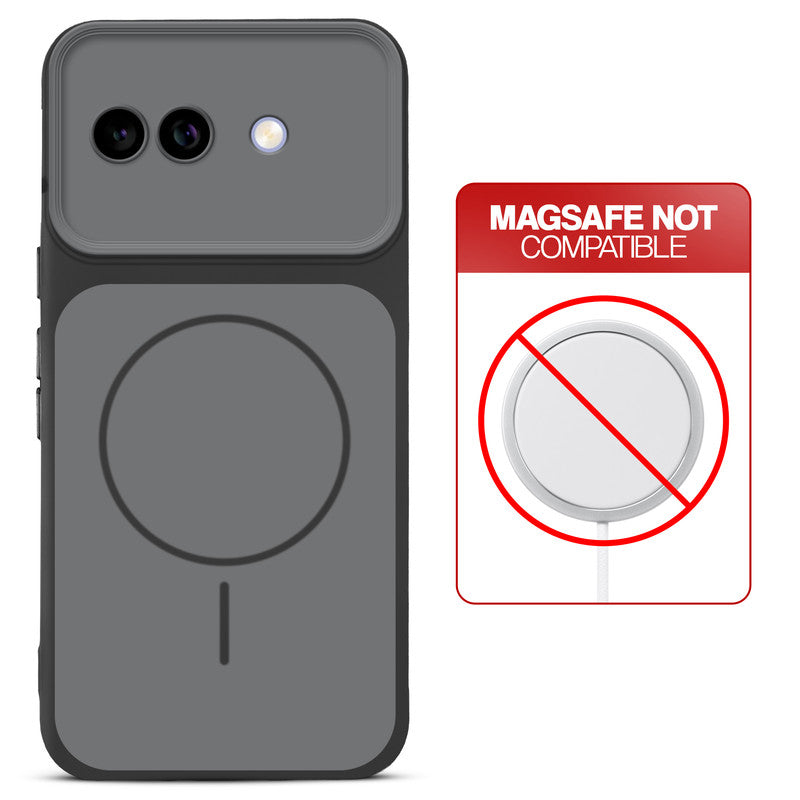 Dual tone silicone Black phone cover for Google Pixel 9A 5G showing wireless charging not supported notice