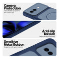 Blue Phone case for Google Pixel 9A 5G highlighting raised camera protection, anti-slip texture, and responsive side buttons