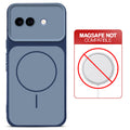 Dual tone silicone Blue phone cover for Google Pixel 9A 5G showing wireless charging not supported notice