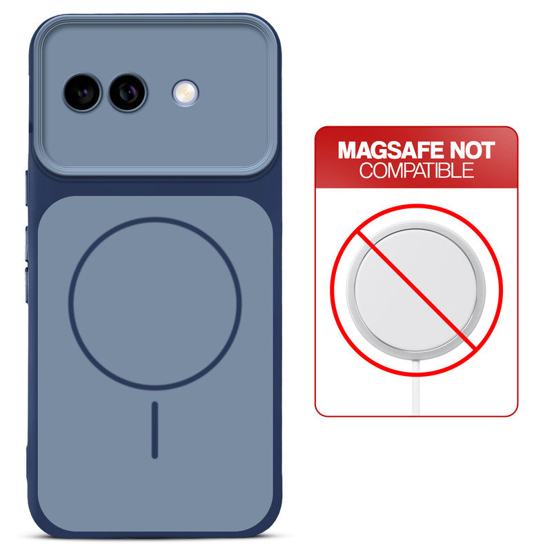 Dual tone silicone Blue phone cover for Google Pixel 9A 5G showing wireless charging not supported notice