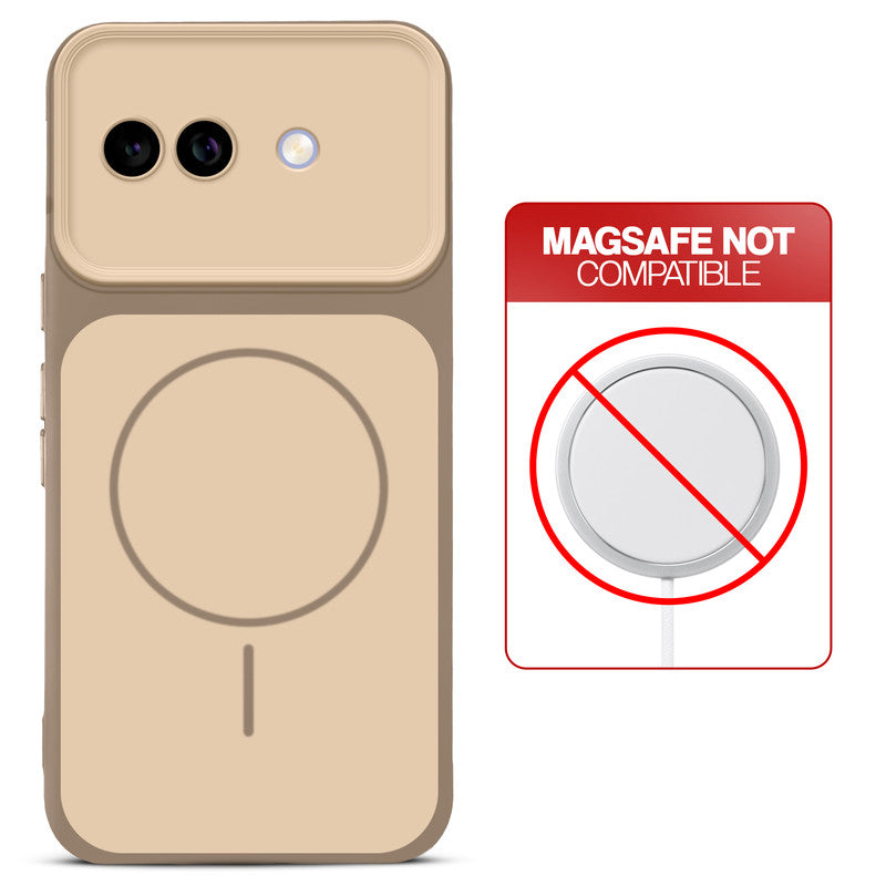 Dual tone silicone Brown phone cover for Google Pixel 9A 5G showing wireless charging not supported notice