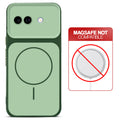 Dual tone silicone Green phone cover for Google Pixel 9A 5G showing wireless charging not supported notice