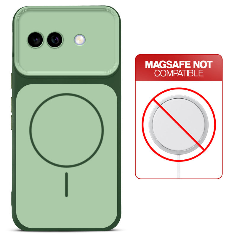 Dual tone silicone Green phone cover for Google Pixel 9A 5G showing wireless charging not supported notice