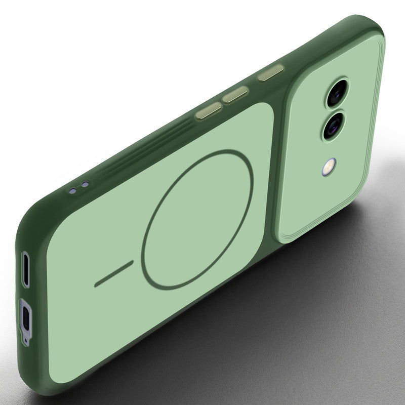 Slim silicone Green phone case for Google Pixel 9A 5G side angle view showing grip texture and precise cutouts