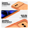 Orange Phone case for Google Pixel 9A 5G highlighting raised camera protection, anti-slip texture, and responsive side buttons