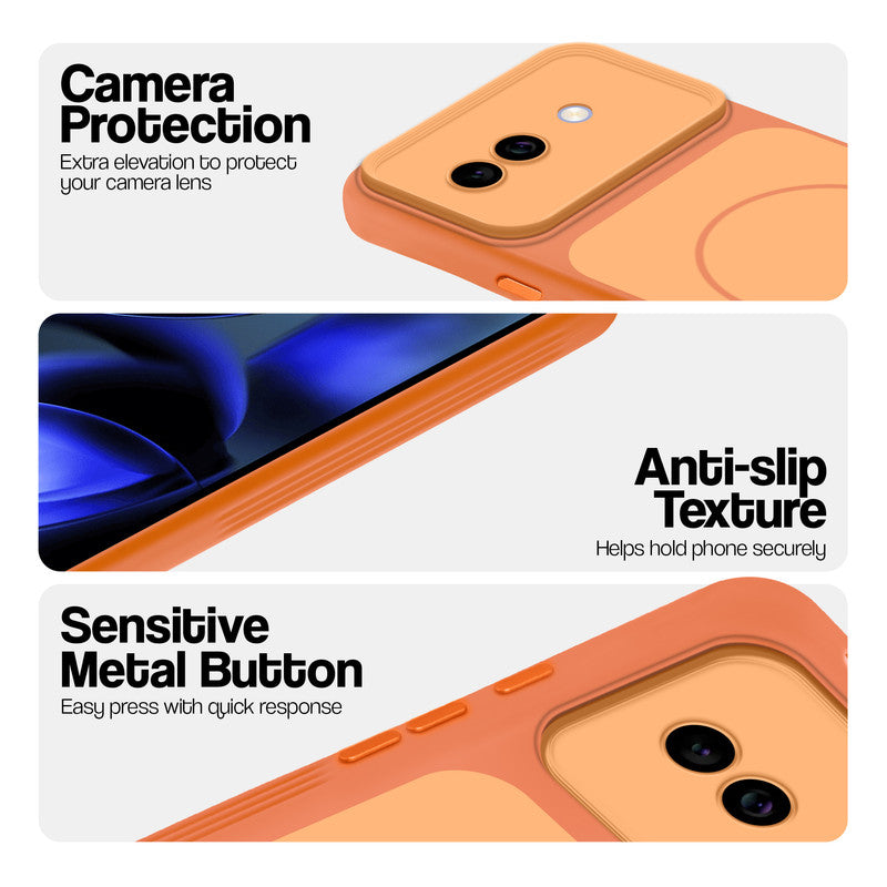 Orange Phone case for Google Pixel 9A 5G highlighting raised camera protection, anti-slip texture, and responsive side buttons