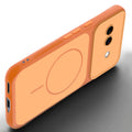 Slim silicone Orange phone case for Google Pixel 9A 5G side angle view showing grip texture and precise cutouts