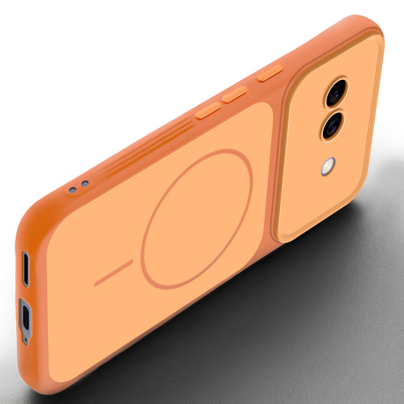 Slim silicone Orange phone case for Google Pixel 9A 5G side angle view showing grip texture and precise cutouts