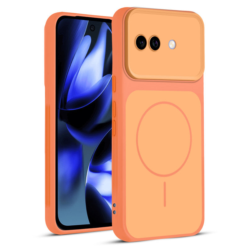Full protective dual tone Orange silicone case for Google Pixel 9A 5G showing front and back design coverage
