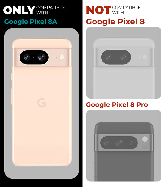 Clear hard back case compatibility guide showing fit for Google Pixel 8A and not compatible with other models