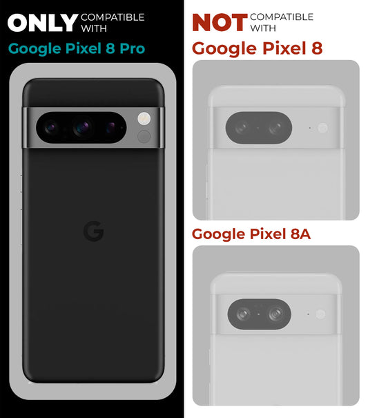 Clear hard back case compatibility guide showing fit for Google Pixel 8 Pro and not compatible with other models