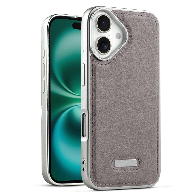 Sophisticated Leather Cover for Apple iPhone 16 with Shiny Silver Edges, Stitched Back Design & Hard Shell Protection