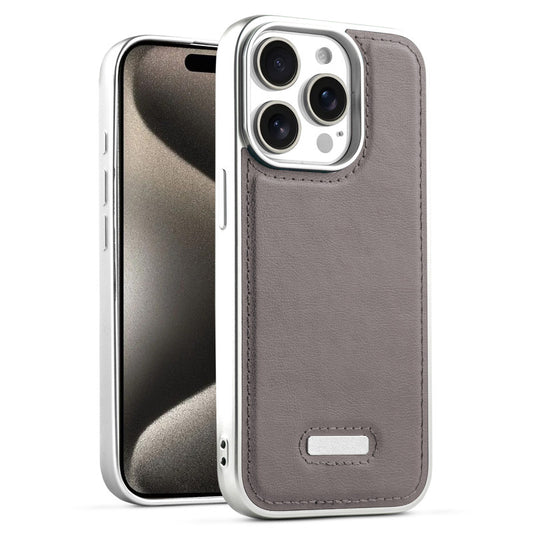 Sophisticated Leather Cover for Apple iPhone 15 Pro Max with Shiny Silver Edges, Stitched Back Design & Hard Shell Protection