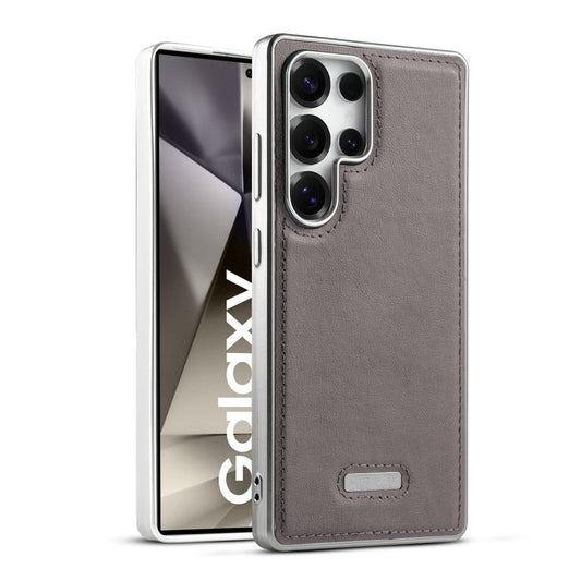 Sophisticated Leather Cover for Samsung S24 Ultra 5G with Shiny Silver Edges, Stitched Back Design & Hard Shell Protection