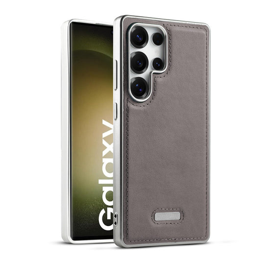 Sophisticated Leather Cover for Samsung S23 Ultra 5G with Shiny Silver Edges, Stitched Back Design & Hard Shell Protection