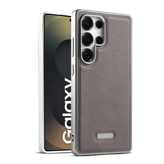 Sophisticated Leather Cover for Samsung S25 Ultra 5G with Shiny Silver Edges, Stitched Back Design & Hard Shell Protection