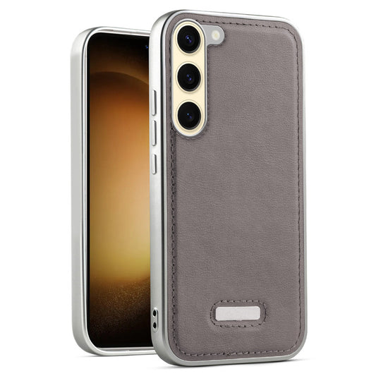 Sophisticated Leather Cover for Samsung S23 5G with Shiny Silver Edges, Stitched Back Design & Hard Shell Protection