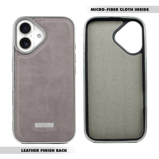 Sophisticated Leather Cover for Apple iPhone 16 with Shiny Silver Edges, Stitched Back Design & Hard Shell Protection