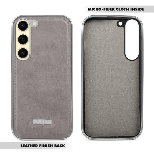 Sophisticated Leather Cover for Samsung S23 5G with Shiny Silver Edges, Stitched Back Design & Hard Shell Protection