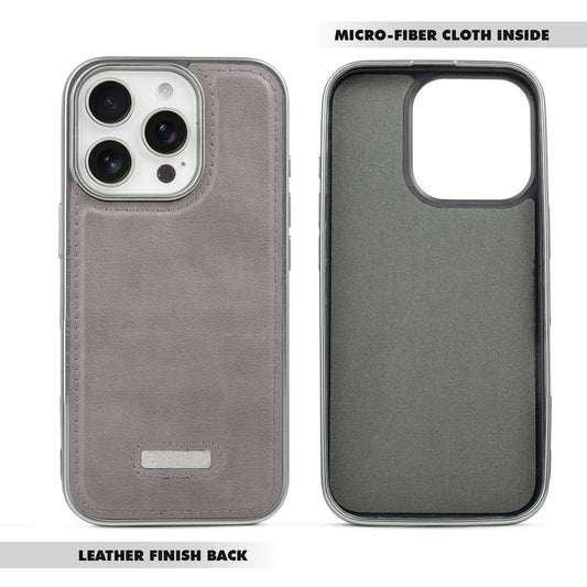 Sophisticated Leather Cover for Apple iPhone 15 Pro Max with Shiny Silver Edges, Stitched Back Design & Hard Shell Protection