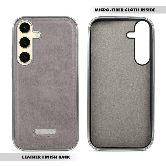 Sophisticated Leather Cover for Samsung S24 5G with Shiny Silver Edges, Stitched Back Design & Hard Shell Protection