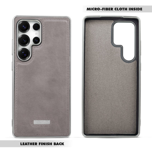 Sophisticated Leather Cover for Samsung S24 Ultra 5G with Shiny Silver Edges, Stitched Back Design & Hard Shell Protection