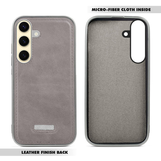 Sophisticated Leather Cover for Samsung S25 5G with Shiny Silver Edges, Stitched Back Design & Hard Shell Protection