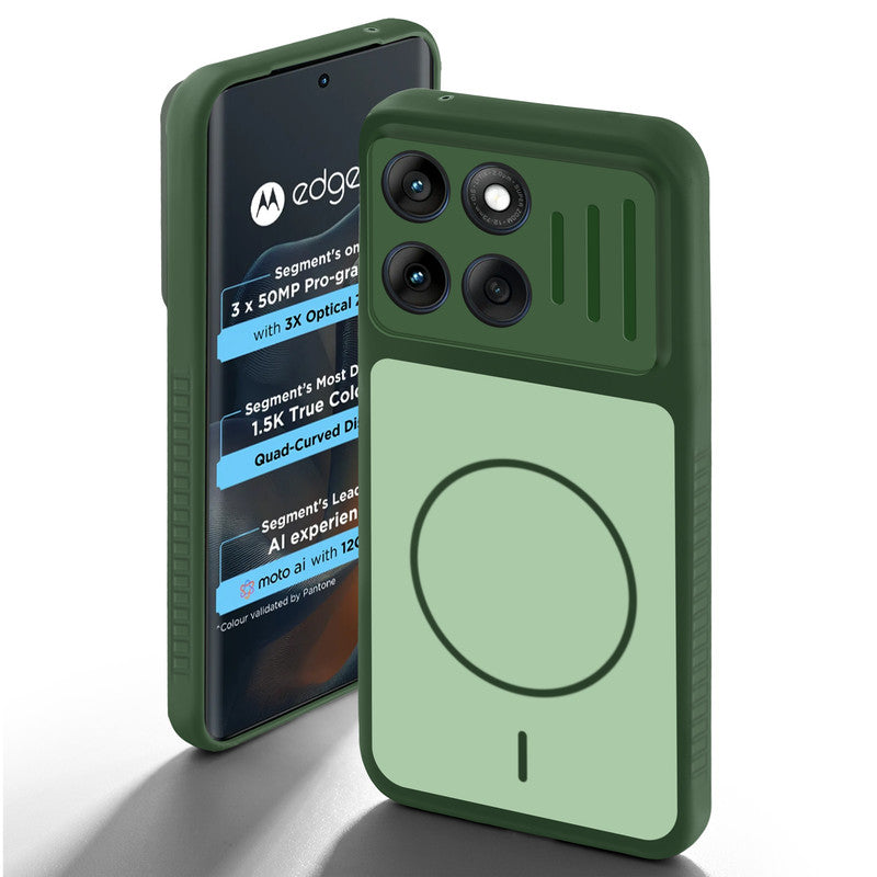 Green back cover for Motorola Moto Edge 60 5G with camera cut protection and ring design on back side.