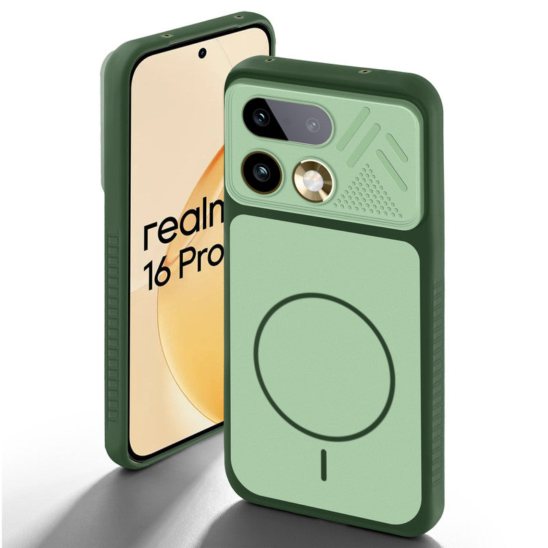 Green back cover for Realme 16 Pro 5G with camera cut protection and ring design on back side.
