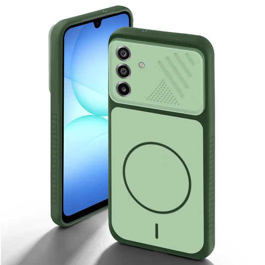 Green back cover for Samsung A17 5G with camera cut protection and ring design on back side.