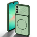 Green back cover for Samsung A26 5G with camera cut protection and ring design on back side.