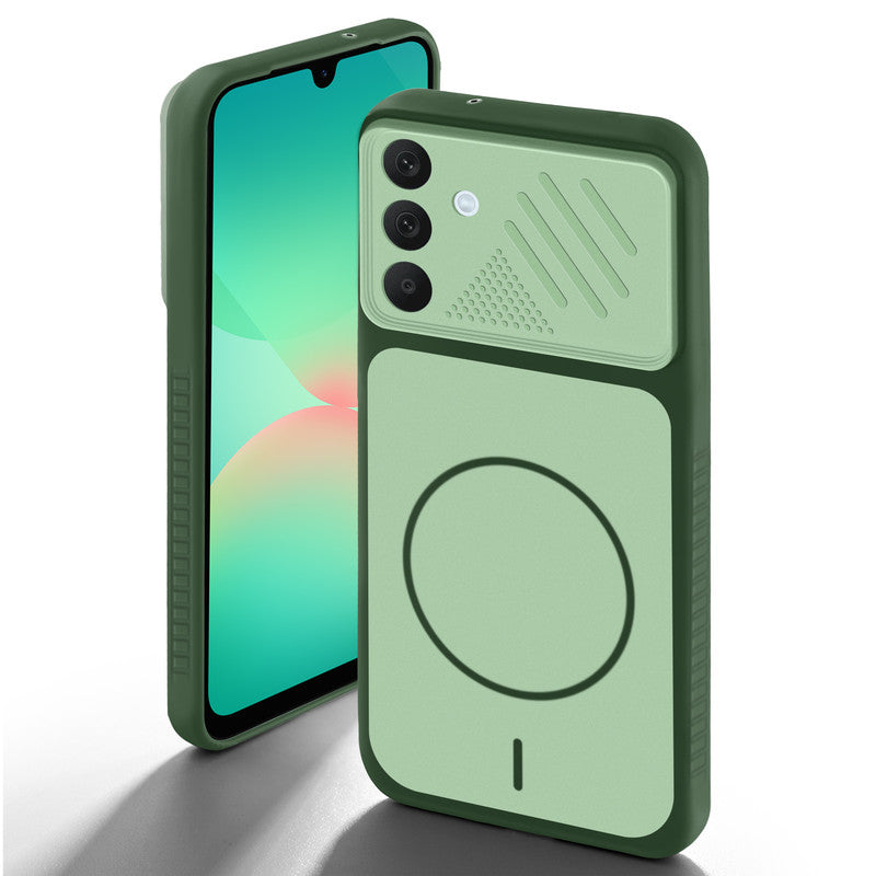 Green back cover for Samsung A26 5G with camera cut protection and ring design on back side.