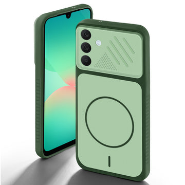 Green back cover for Samsung A26 5G with camera cut protection and ring design on back side.