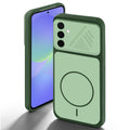 Green back cover for Samsung A36 5G with camera cut protection and ring design on back side.
