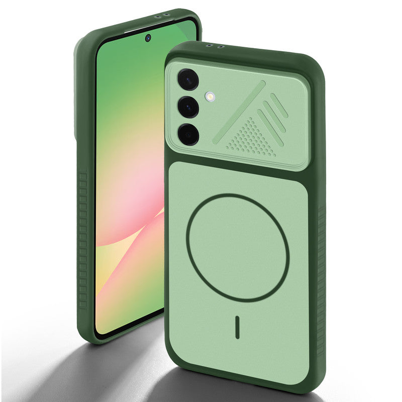 Green back cover for Samsung A56 5G with camera cut protection and ring design on back side.