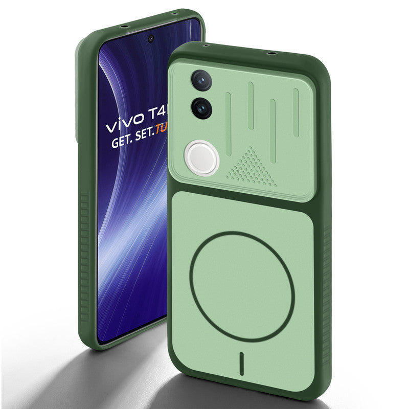 Green back cover for Vivo T4R 5G with camera cut protection and ring design on back side.