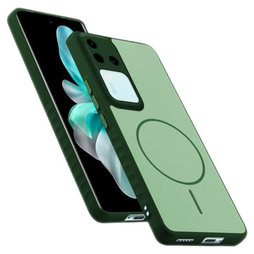 Matte Silicone Dual Color Back Cover with Metal Buttons & Ring Design for Vivo V30 5G